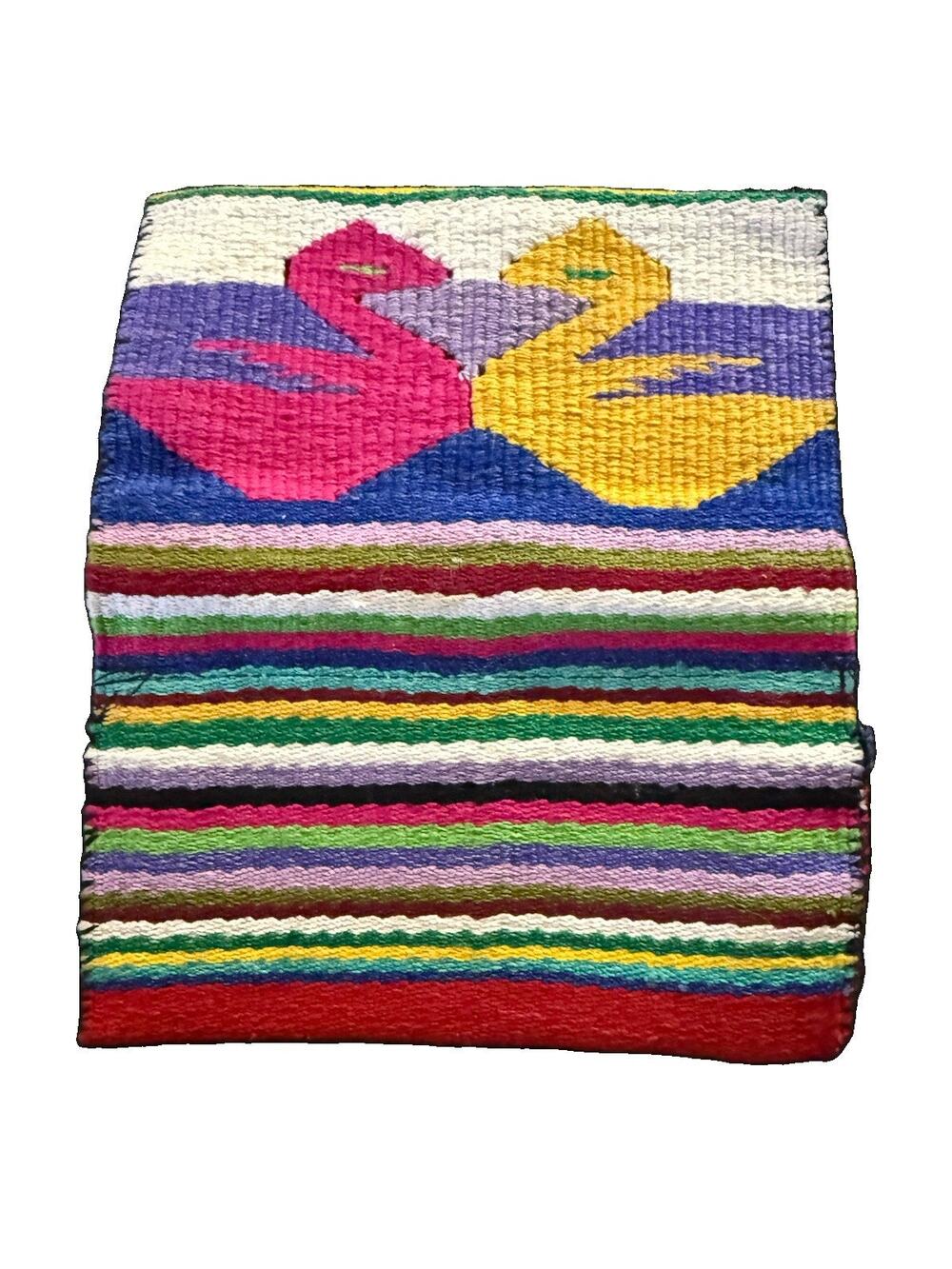 Vintage Guatemalan Handwoven Fabric Wallet Ducks Rainbow Stripe Boho Mayan 7x4in